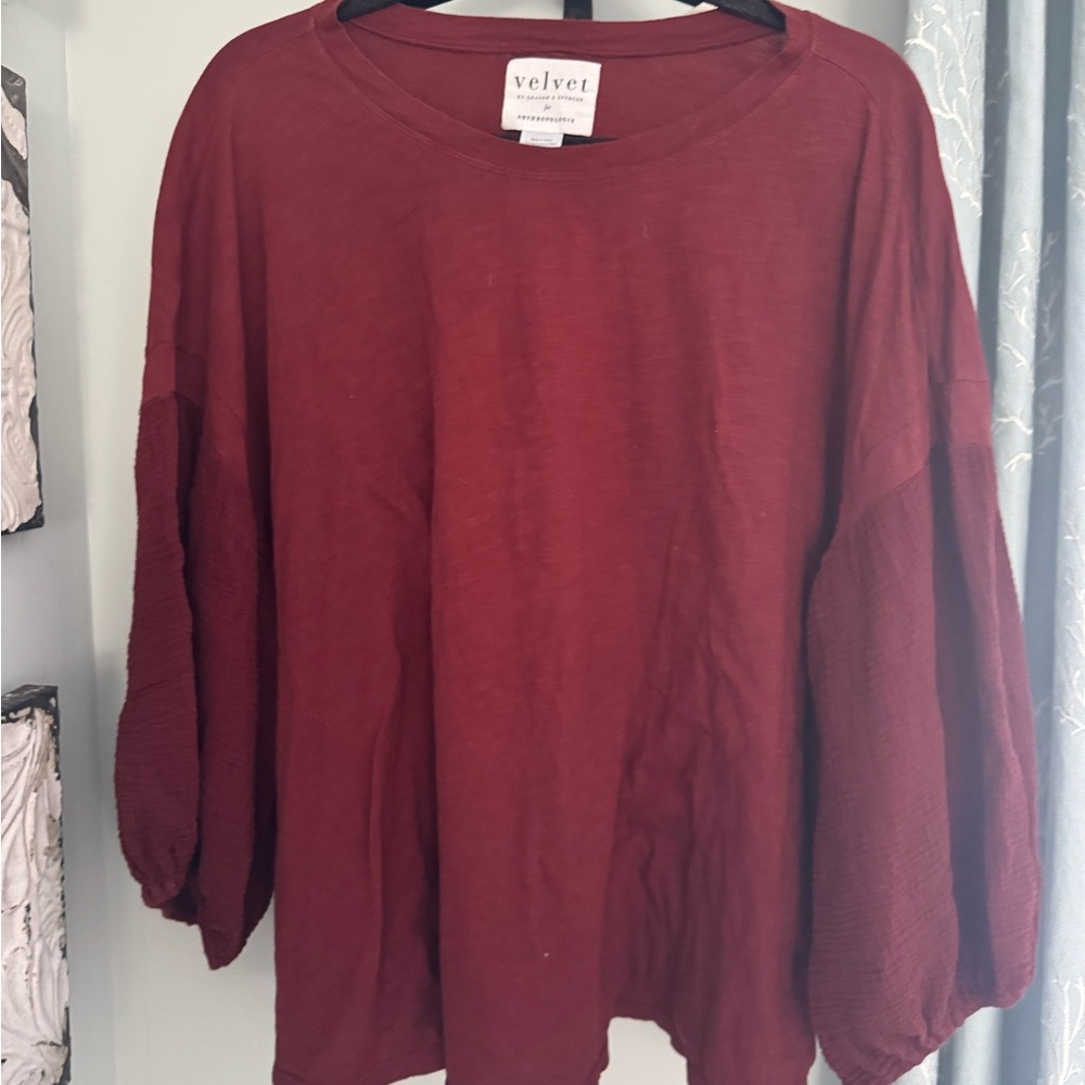 Anthropologie pretty Velvet Women's Blouse in Deep Red 3X